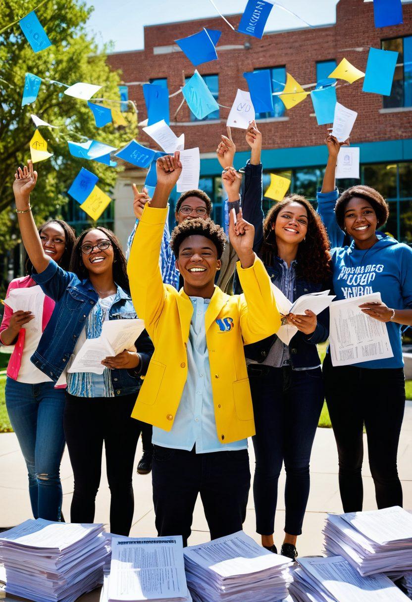 A diverse group of students celebrating with stacks of paperwork and scholarship letters, surrounded by dollar signs and open books. A sunny university campus in the background with banners reading 'Grants' and 'Scholarships'. Visuals of successful grant applications floating around, creating an atmosphere of achievement and optimism. super-realistic. vibrant colors. 3D.
