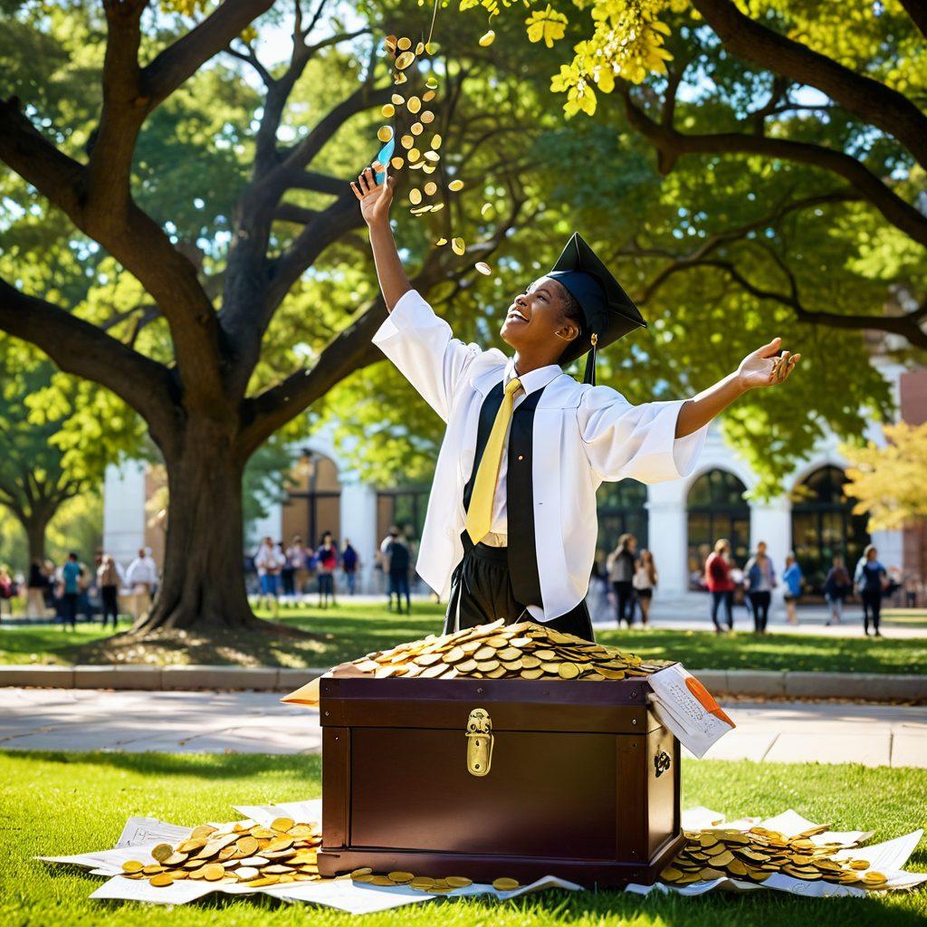 A bright and inspiring scene of a young student joyfully discovering a treasure chest overflowing with golden coins and scholarships papers, set against a vibrant background of a university campus. The sunlight filters through trees, symbolizing hope and opportunity, while graduation caps float in the air. The atmosphere is filled with excitement and ambition. super-realistic. vibrant colors. white background.