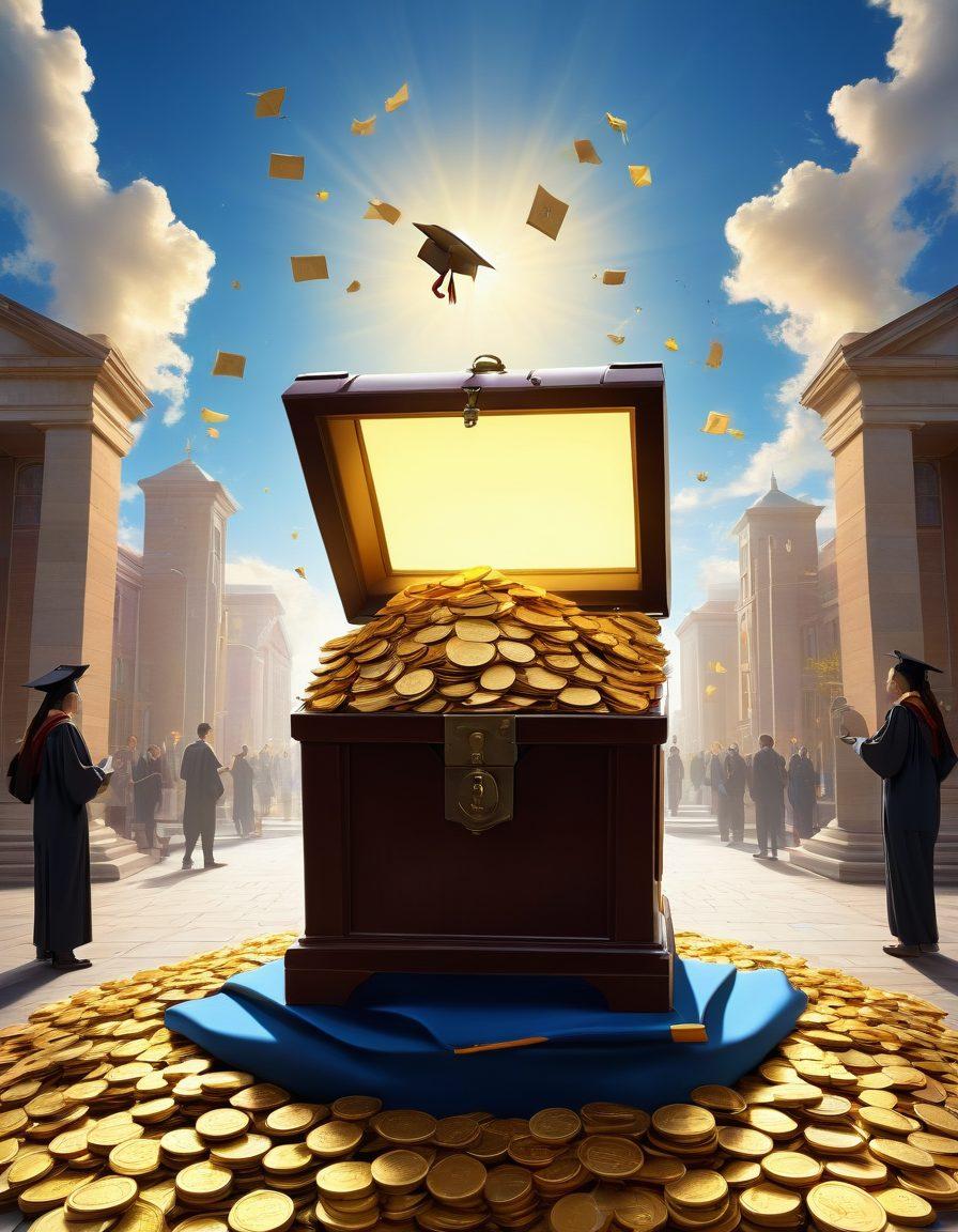 A conceptual illustration of an open treasure chest overflowing with gold coins, books, and graduation caps under a bright sky. In the background, silhouettes of students engaging in discussion, symbolizing collaboration and discovery. A path leading to a university or research building, representing the journey toward academic funding. The atmosphere is inspiring and hopeful, with a touch of adventure. vibrant colors. super-realistic.